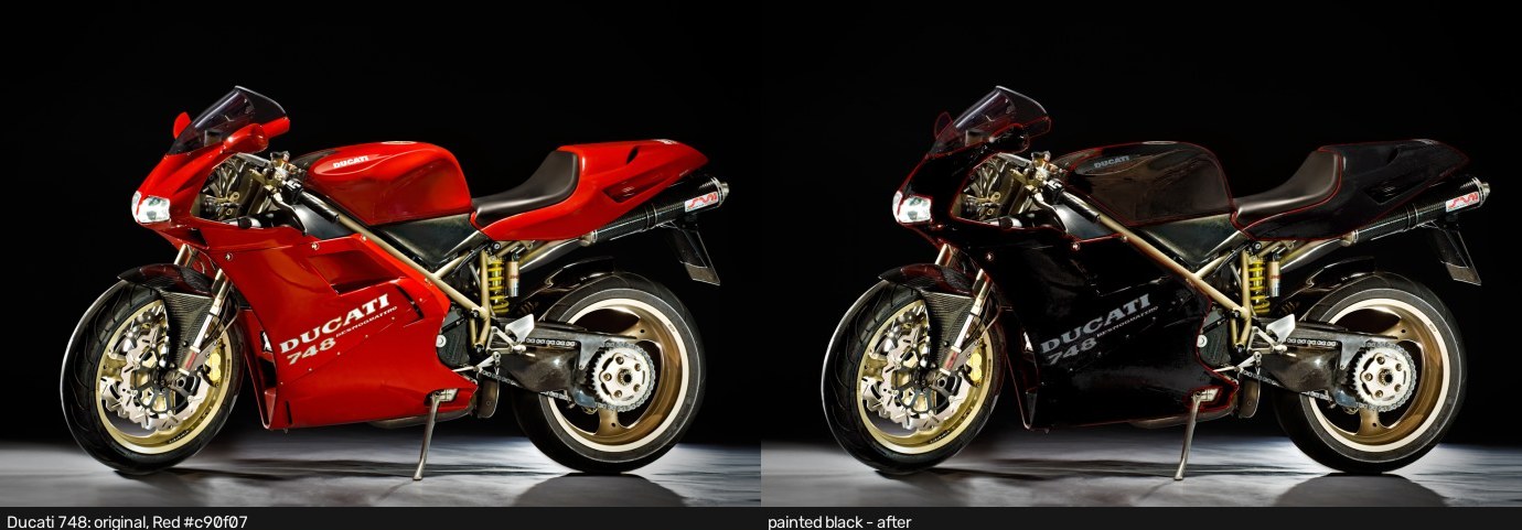 Red Ducati before, and the same photo repainted black with reflections intact