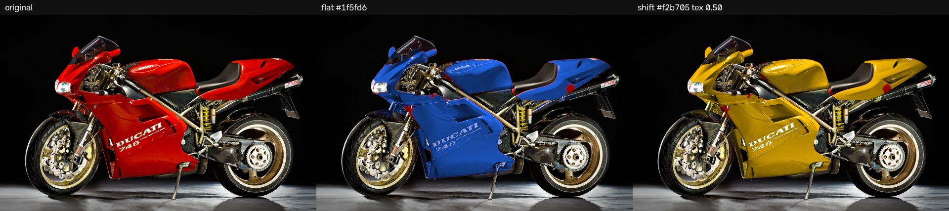 A red Ducati 748 photograph shown in its original red, recoloured blue, and recoloured yellow, with identical lighting and reflections in all three