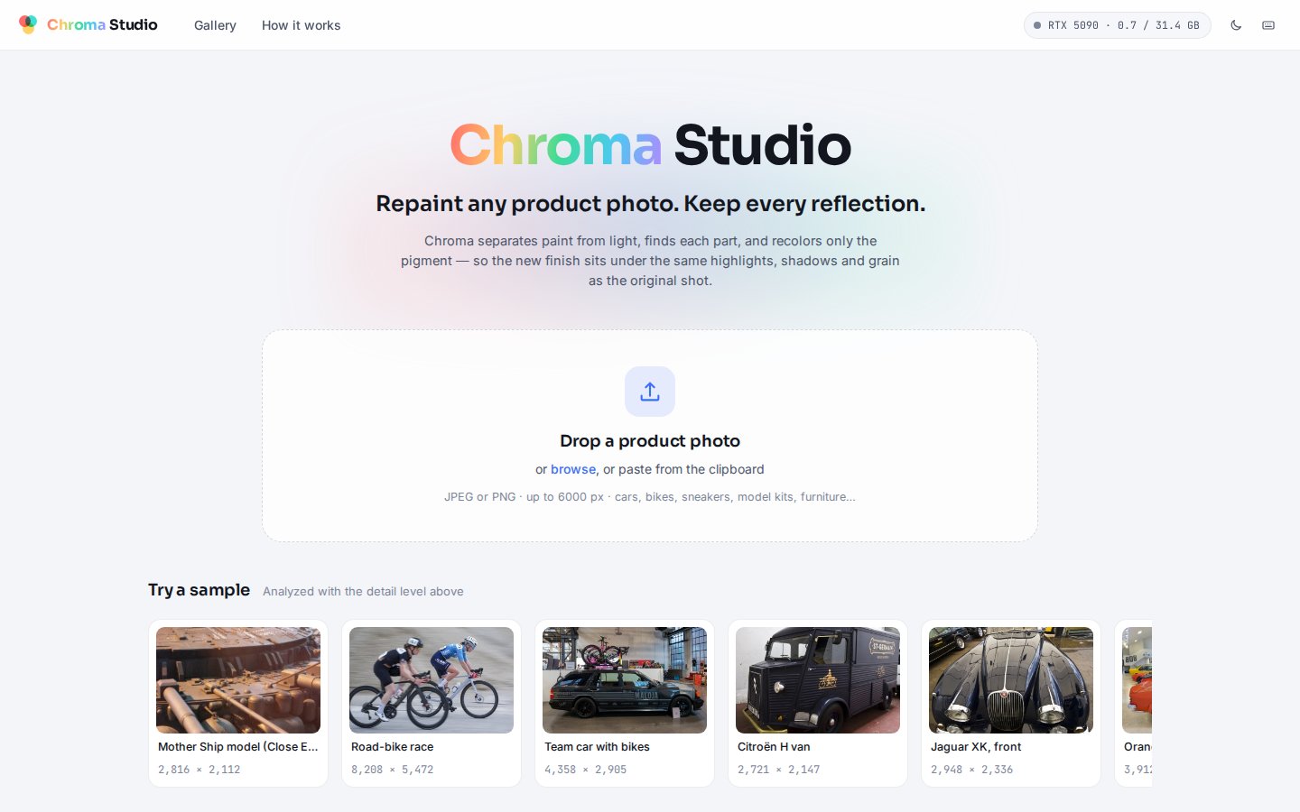 Chroma Studio web app: a drop zone for product photos and a row of sample images, with an RTX 5090 memory readout in the header
